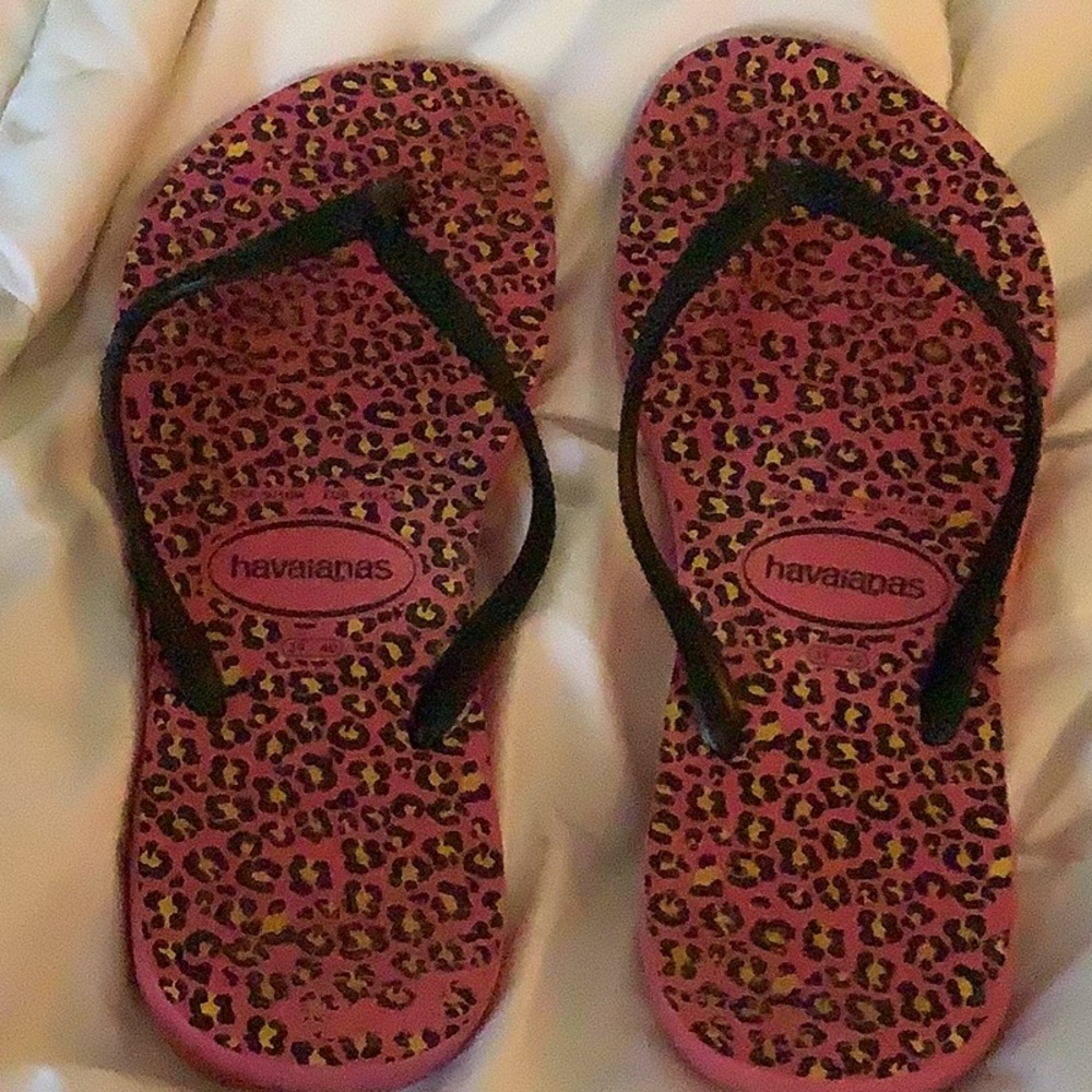 Havaianas Pink Leopard Flip Flops with Black Straps